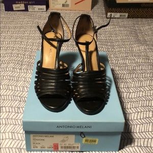 Black leather strappy heels